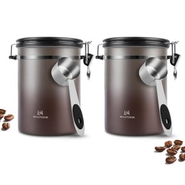 Coffee Canister Airtight Storage Container Stainless Steel Coffee Jar with Scoop,Date Tracker CO2 Release Valve for Dry Food Beans Ground Tea Flour Cereal and Sugar (1.8L Grey-Brown With Spoon(2pcs))