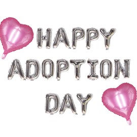 Happy Adoption Day Foil Balloons Letter Banner with Heart Balloons for Happy Gotcha Day, Child Pet Adoption Party Cat Dog Rescue Adoption Party Supplies 16inches (silver)