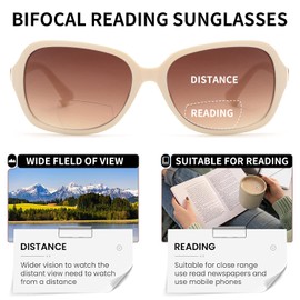 JM Bifocal Reading Sunglasses for Women Vintage Reader Glasses UV Protection Outdoor Beige +2.5