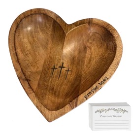 BIXMK Prayer Bowl,Prayer Bowl Wooden with Cards,Wooden Heart Prayer Bowl with Cross,Handcrafted Prayer Bowl for Women with 24 Prayer Cards,Wood Dough Bowl For Christmas Easter Valentine's Day