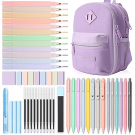 51 PCS Aesthetic School Supplies with Cute Pencil Case, 12 Pastel Highlighters, 8 Quick Dry Retractable Black Ink Pens, 6 Pastel Mechanical Pencil Student Stationary Bible Study Supplies(Purple)