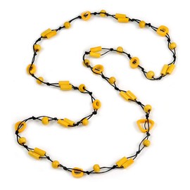 Avalaya Banana Yellow Wood, Bone Beaded Black Cord Long Necklace - 106cm L