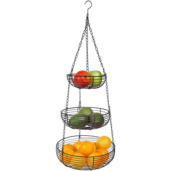 Home Intuition 3-Tier Hanging Fruit Produce Basket Heavy Duty Wire with 2 Metal Ceiling Hooks, Round, Black