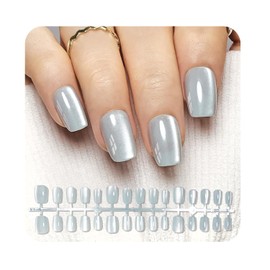 JODSONE 30PCS Light Blue Cat Eye Reusable Fake Nails Set Glossy Acrylic Short Square Press on Nails Magnetic Soft Gel Stick on Nails for Women