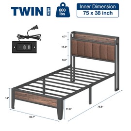 Twin Size Bed Frame with Headboard and Charging Station Storage Fabric Upholstered Headboard with Outlet 12 Inch Heavy Duty Metal Platform Bed with Steel Slat Support Anti-Slip Easy Assembly Brown