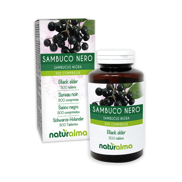 Sambuco nero (Sambucus nigra) fiori e frutti NATURALMA | 150 g | 300 compresse da 500 mg | Integratore alimentare | Naturale e Vegano