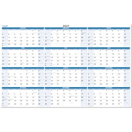 PlanetSafe Calendars 2027 Annual 24" tall x 36" wide 12-Month Horizontal Sky Blue Wet & Dry-Erasable Wall Calendar - Yearly Planner - Complete with marker, eraser and marker snap-in holder - BN