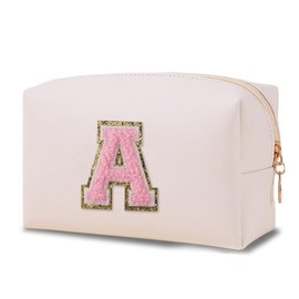 Muka Small Letter Makeup Bag, Travel Small PU Leather Cosmetic Bag Pouch, Preppy Chenille Letters Cosmetic Bag-White-R