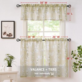 FMFUNCTEX Beige Kitchen Tier Curtains Floral Pattern Short Cafe Window Curtains 36 Inch Length for Bathroom Light Filtering Privacy Blossom Print Rod Pocket Half Small Drapes Basement Laundry 2 Panels