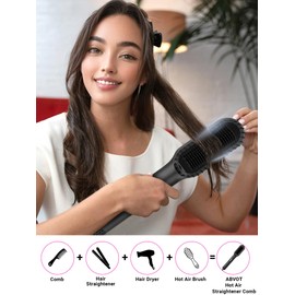 Hair Straightener Brush, All in One Ceramic Straightening Comb for All Hair Types | Dual Voltage, Airflow, Anti Scald Shell, 30s Fast Heat Up, Auto Power Off | Black, by ABVOT
