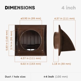 ECOPRO VENT 4 Inch Brown Plastic Dryer Vent Cover with Backdraft Damper – Exterior Wall Exhaust Hood Grille with Non-Return Protective Flap – Outside Air Vent Cover for Dryer, Bathroom & HVAC