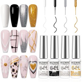 MIZHSE Gel Liner Nail Art Gel Paint Spider Line 4 Pcs, Glitter Silver Gold Painting Swirl French Nail Design Soak off Manicure Set for Nail Art
