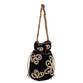 Purpledip Chenille Potli Bag (Clutch, Drawstring Purse): Intricate Bead Work Satchel Handbag, Black (12396A)