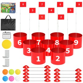 FOOING Golf Game, 9 Hole Yard Game for Adults Outdoor/Indoor, Durable Plastic Battle Backyard Golf Set with Balls, Flags & Frisbee – for Lawn, Beach, Camping, Park (Red, Large, No Clubs)