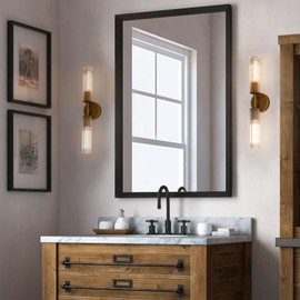 Brass Wall Sconces Set of Two, Clear Ribbed Glass Tube Sconces, Brushed Gold Bathroom Wall Lighting, Vintage Vanity Mirror Wall Lights Set of 2, Wall Lights for Living Room Stairs (Bulb Included)