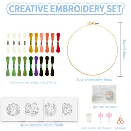 FREEEBLOSS 4 Set Cats Embroidery Kit for Beginners Embroidery Kit Cross Stitch Kit 12'' Stamped Cats&Flowers Pattern Embroidery Starter Kit with Instructions Embroidery Hoops