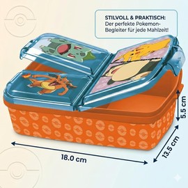 Pokémon Children's Lunch Box with 3 Compartments, Plastic Lunch Box with Clip Closures, Lunch Box for Nursery, School and Leisure
