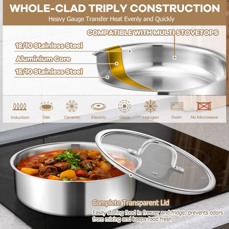 E-far 9pcs Stainless Steel Cookware Set, 3-Ply Pots and Pans