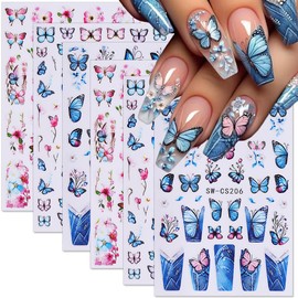 LPOODDNU 6 Sheets Butterfly Nail Art Stickers 3D Spring Flowers Nail Art Supplies Self Adhesive Floral Nail Decals Cute Flowers Butterflies Nail Designs Sticker for Women DIY Nail Art Decorations