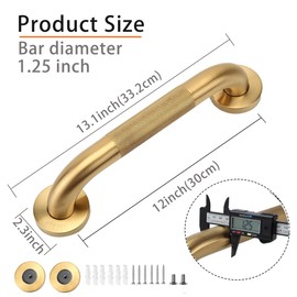 Rackickyer - Barra de agarre para ducha, 2 unidades de barra de agarre de baño dorada de 12 pulgadas, barras de agarre antideslizantes de acero inoxidable 304 de 1.25 pulgadas de diámetro para bañeras y duchas, barra de agarre de ducha para personas mayo