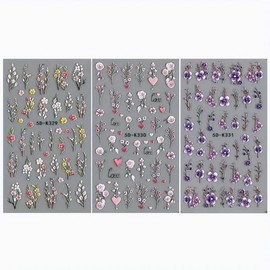 5D Embossed Branch Flowers Spring Nail Art Stickers Purple Flower Nail Stickers Colorful Floral Nail Decals 3 Sheets Flowers and Plants Nail Designs for Women Girls DIY Nail Art Supplies