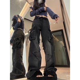 Women's Five Point Star Work Dress Jeans Multi Pocket High Waist Loose Y2K Drop Feel Jeans Gothic Wide Leg Pants (Black,Small)