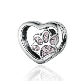 QANDOCCI Funnala European Cat Paw Print Heart Bead 925 Silver DIY Fits for Women Fashion Charms Bracelets Jewellery, Sterling Silver