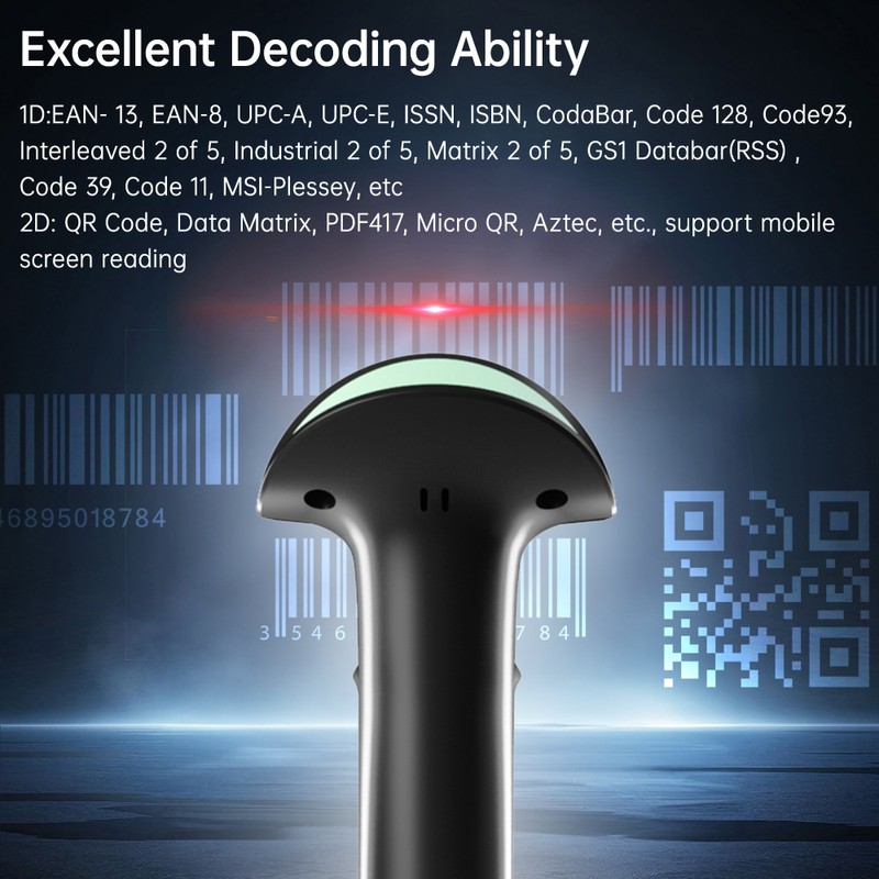 Wireless 2D 1D Barcode Scanner BT+2.4G+USB Wired Connection High Speed