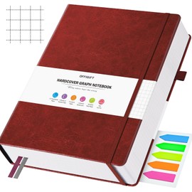 OFFIGIFT Graph Paper Notebook, 312 Numbered Pages A5 Hardcover Leather Journal, 100gsm No Bleed Grid Paper Notebook with Index Pages, Grid Notebook for Graphing Notes Math, 5.75" x 8.38", Burgundy