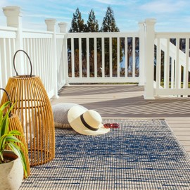 Fab Habitat Abstract Distressed Stripes Outdoor Rug - Waterproof, Fade Resistant, Crease-Free, Reversible - Premium Recycled Plastic - Patio Porch Balcony Deck - Brooklyn Blue - 8x10 ft