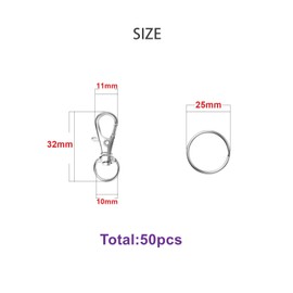 50pcs Swivel Snap Hooks with Split Key Rings Metal Silver Lobster Claw Trigger Clasps for Keychain Clip Lanyard Bag Purse Tag Jewelry Making Crafts Length 1.26inch(32mm) Inside Width 0.39inch(10mm)