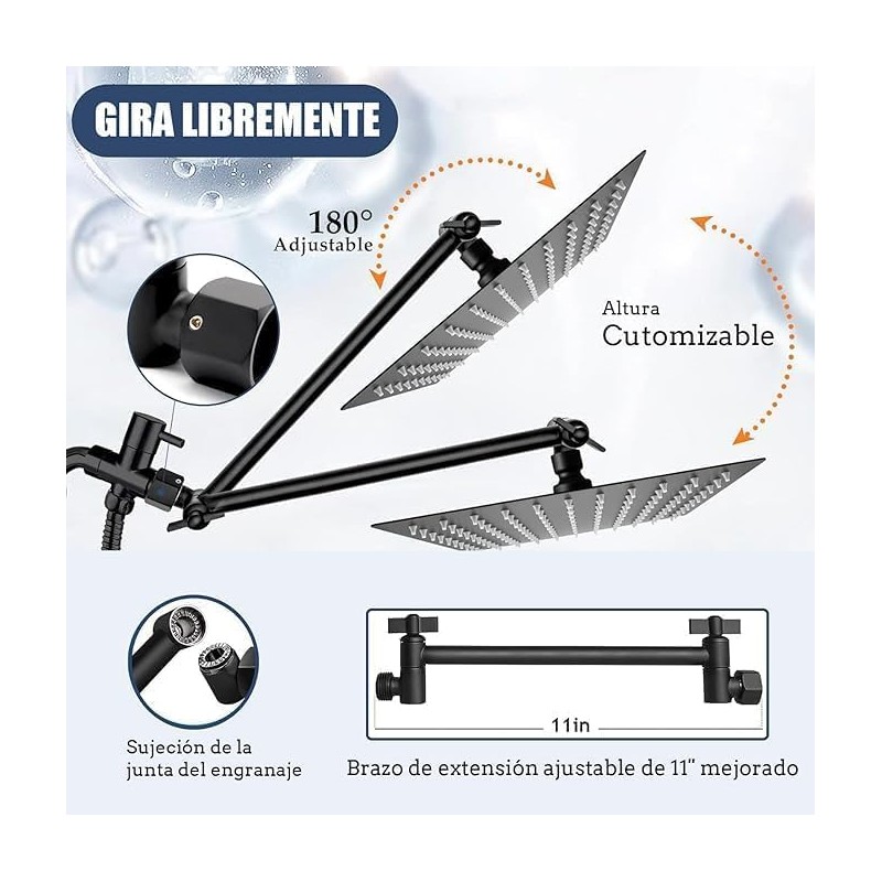 Regadera de Ducha para Baño Negro 10 Pulgadas,Combo con Cabezal