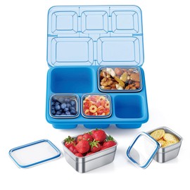 Freshmage Stainless Steel Snackle Box Container, 5 Compartment Lunch Bento Box, Reusable Food Storage Snack Box for School, Work, and Travel, BPA Free and Dishwasher Safe, Blue (1 Pack)