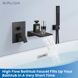 Airuida Wall Mount Tub Faucet with Waterfall Tub Spout Wall Mounted Bathtub Faucet with Handheld Shower Single Handle Tub Filler Shower Faucet Set with Rough-in valve Straight Spout Matte Black