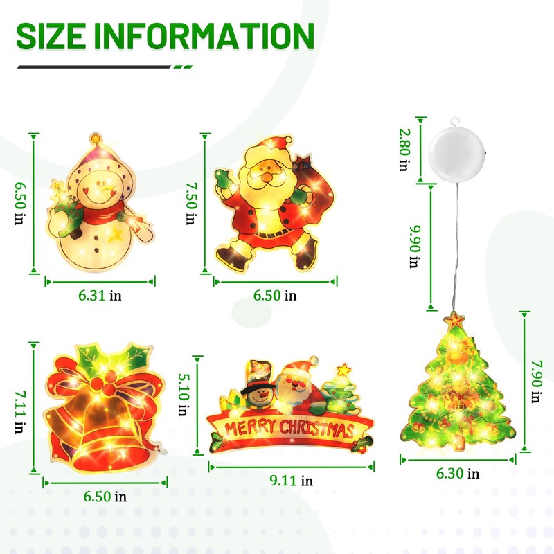 5PCS Window Christmas Decoration Lights, Battery Operated with Suction Cup