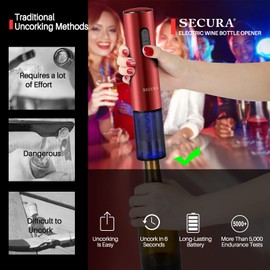 Secura Electric Wine Opener, Automatic Electric Wine Bottle Corkscrew Opener with Foil Cutter, Rechargeable (Red)