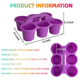 RAUVOLFIA 6 Pack Classroom Caddy Storage Basket with Handle, Plastic Drink Cup Caddy Holder, 6 Compartments for Kids, Table, Office, Arts, Crafts, Crayon, Marker, Pencil, School Supplies (Rainbow)