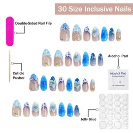 French Tip Press on Nails Medium Almond SWEKKE 3D Floral Fake Nails False Nails with Flower Stars Designs Blue Glossy Glue on Nail Summer Acrylic Nail for Women Girls 24Pcs