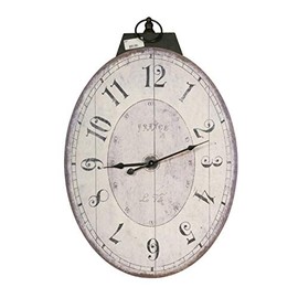 Benjara Distressed Oval Shape Wooden Wall Clock with Ring Hanger, White and Black