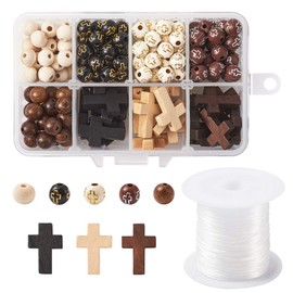 Beadthoven 211 Pieces Wooden Cross Beads Acrylic Beads 8mm Round Ball Cross Loose Chunky Beads Charms with Elastic Thread for Rosary Sacred Jewelry Making