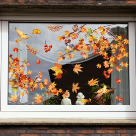 Fall Window Stickers, Maple Leaf Birds Double-Side Glass Decals，Anti-Collision Glass Stickers Reusable (Fall)