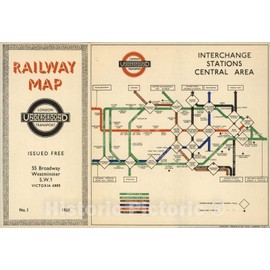 Historic Map : Railway Map. London Underground Transport. Interchange Stations Central Area, 1938 - Vintage Wall Art - 24in x 16in
