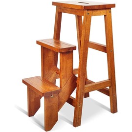BETTARY 3-Step Folding Wooden Step Stool, Portable Anti-Slip Step Ladder, Foldable Wood Counter Staircase, Multifunctional Flower Shelf & Chair for Kitchen/Garage/Living Room/Library (Coffee)