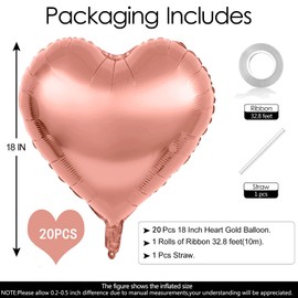 Pack of 20 Rose Gold Heart Balloons Valentine's Day 18 Inch Heart Shape Helium Balloons, Heart Balloons, Rose Gold Love Balloons, Heart Balloons, Helium Suitable for Wedding, Engagement