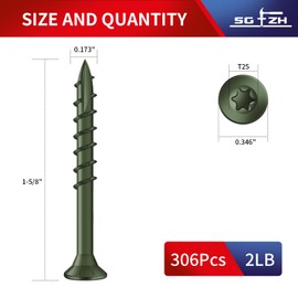 SG TZH #8 x 1-5/8" Deck Screws (306Pcs) 2lb. Exterior Wood Screws. Carbon Steel, Green, Flat Head, Rust Resistant epoxy Coated, with T25 Star Bit