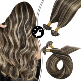 Moresoo U Tip Extensions Human Hair 18 Inch Remy Keratin Bond Extensions Human Hair Dark Brown Highlighted with Caramel Blonde Pre Bonded Utip Human Hair Extensions 50G/50S