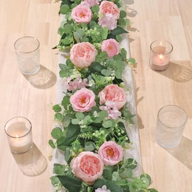 Betylifoy Artificial Eucalyptus Garlands with Flowers 190CM Artificial Flower Garlands Peonies 2PCS Fake Greenery Garland Floral Garland for Wedding Party Table Centerpiece Decoration (2, Pink)