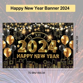 New Years Eve Party Decorations 2024,Extra Large 73x43'' Black Gold Happy New Year 2024 Backdrop for New Year Photo Booth Props Photo Background, New Years Eve Party Supplies 2024 Happy New Year Party