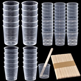 Coopay 50 Pieces Plastic Measuring Cups Graduated Cups Contain 100ml/3.4oz 50ml/1.7oz and 30ml/1oz Transparent Scale Cups Clear Epoxy Paint Mixing Cups with 50 Pack Wooden Stirring Sticks