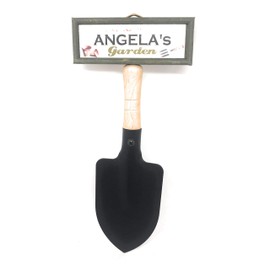 "Welcome to Angela's garden" hanging shovel sign